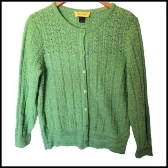St. John Green Cable Knit Cardigan Sweater size M Medium Wool Blend - Picture 1 of 12